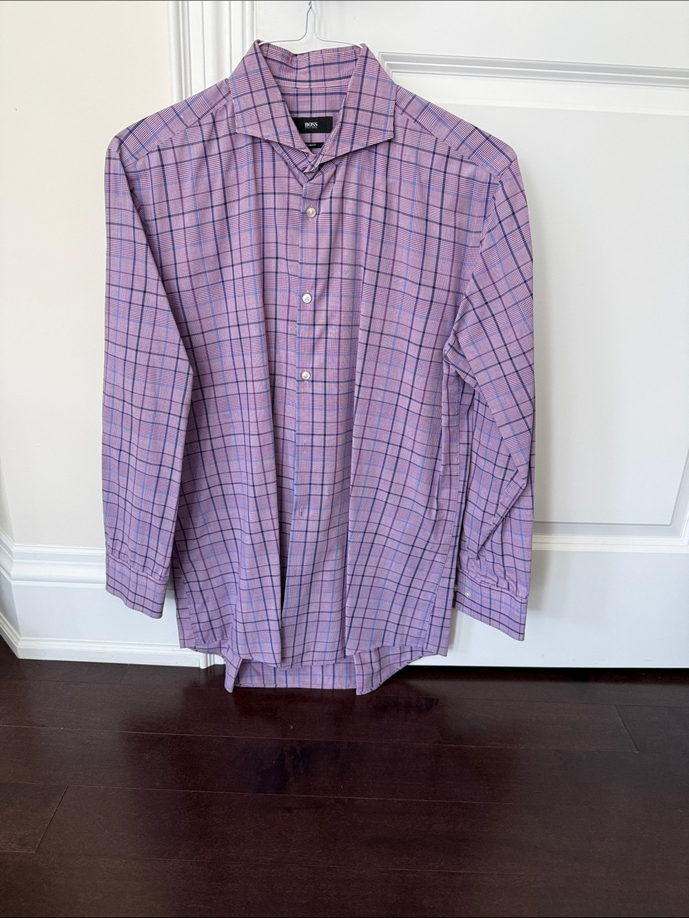 BOSS Cotton Lavender Check Dress Shirt with Navy Windowpane